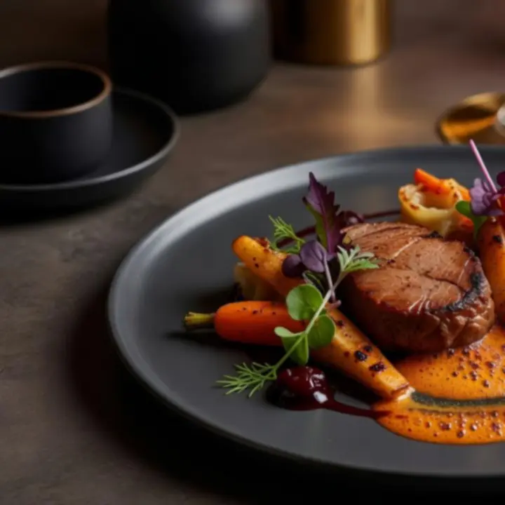 Gourmet fogás elegáns tálalásban a Premium Estek Hub fine dining éttermében.