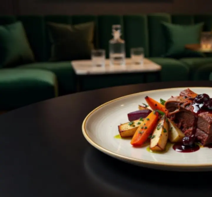 Gourmet fogások és prémium borok elegáns tálalásban a lounge-hoz kapcsolódó étteremben
