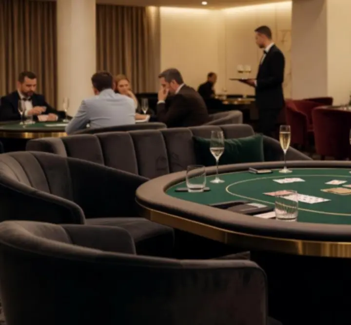 VIP póker éjszaka elegáns pókerasztalokkal és hangulatos fényekkel