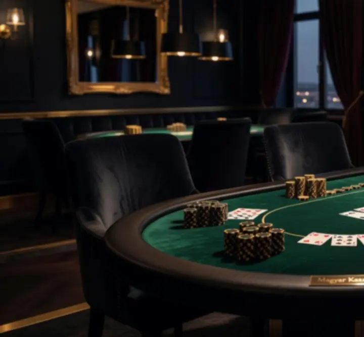 Elegáns pokerasztal zsetonokkal és kártyalapokkal egy kaszinó esten.