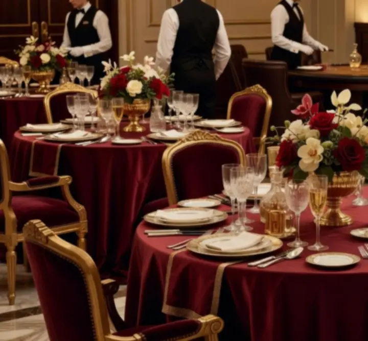 VIP gálavacsorára előkészített elegáns éttermi tér